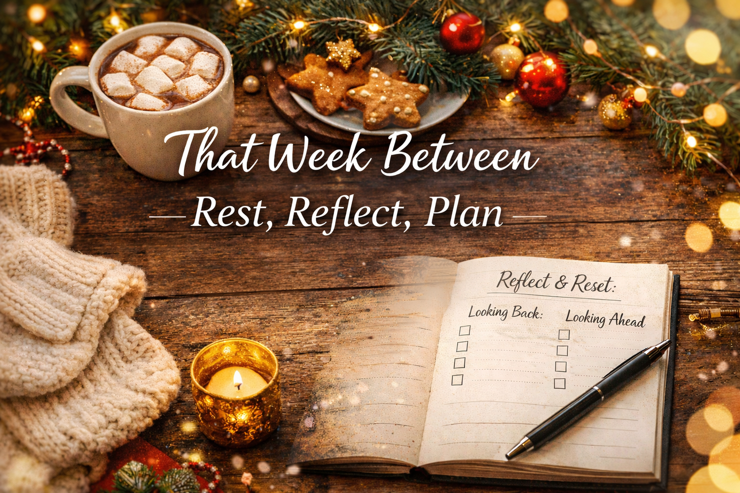 Cozy winter flat lay with a mug of hot cocoa, gingerbread cookies, candle, knit blanket, and an open notebook labeled “Reflect & Reset” on a wooden table with soft lights.