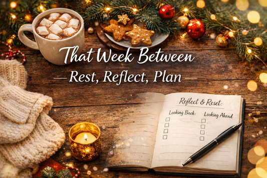 Cozy winter flat lay with a mug of hot cocoa, gingerbread cookies, candle, knit blanket, and an open notebook labeled “Reflect & Reset” on a wooden table with soft lights.