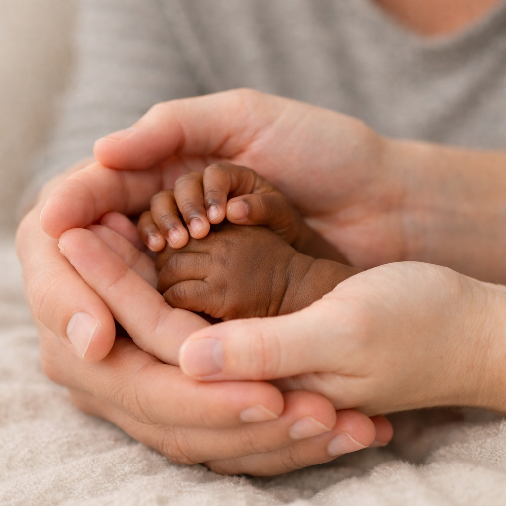 White adult hands gently cradle a newborn’s small brown hands, fingers curled together in a quiet, tender moment of care and connection.